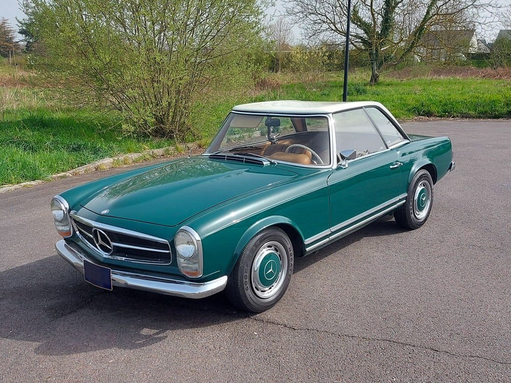 Classic Mercedes-Benz 280 SL Pagoda in a restoration workshop
